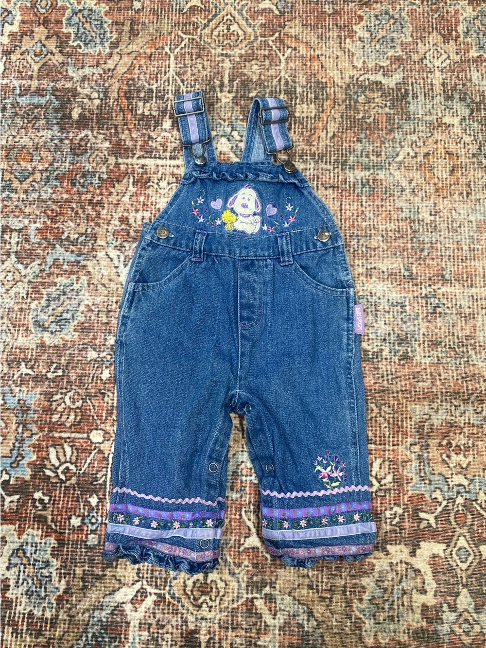 Vintage Y2K Baby Snoopy girly  Woodstock jean overalls embroidered 6/9month rare